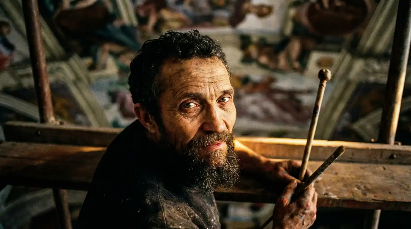 Michelangelo on scaffolding in the Sistine Chapel, tight portrait looking straight into the lens, paint on skin, brush relaxed, soft fresco ceiling behind, documentary light