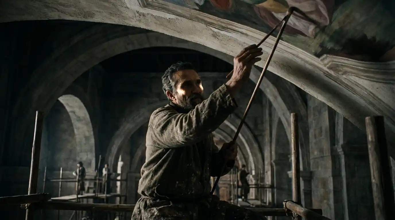 Michelangelo seen from below on scaffolding, reaching with mahlstick, spotlight on face, deep shadows, ceiling edge and chapel architecture