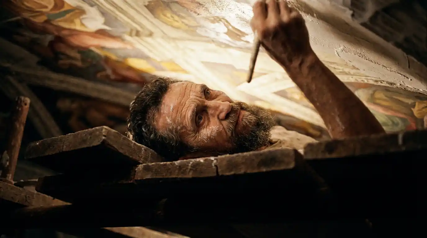 Close-up of Michelangelo lying on his back on wooden scaffolding, face to camera, eyes fixed upward at the Sistine ceiling, plaster dust, arm reaching toward brush and wet fresco overhead, dramatic light from above