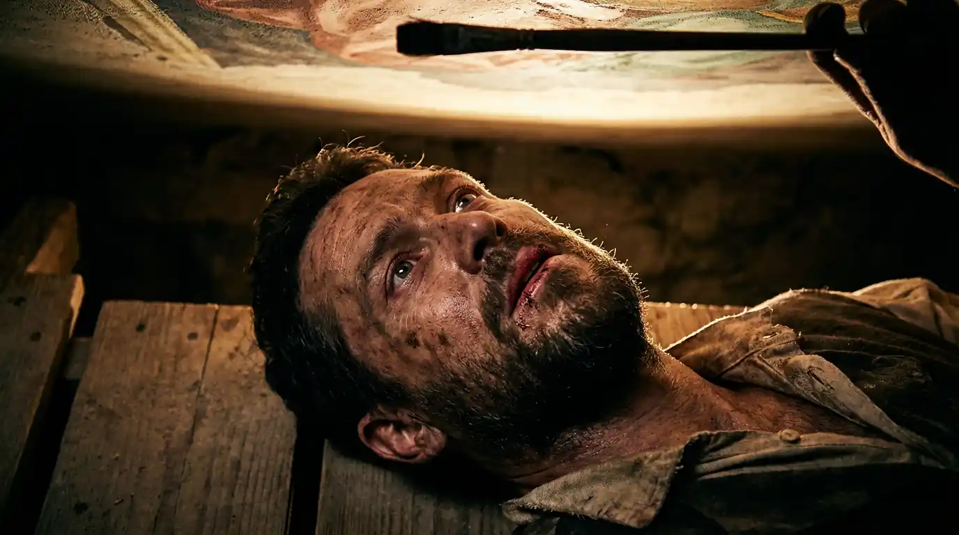 Michelangelo supine on dark scaffold planks, extreme close-up from the side: face turned up toward the painted ceiling, rim light on jaw, brush and mahlstick silhouetted against plaster